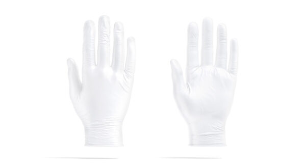Blank white rubber gloves mockup, front and back view, 3d rendering. Empty protective or hygiene vinyl gloves mock up, isolated. Clear medicine latex hand safety for doctor operation template.